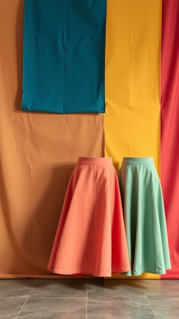 Two A-line skirts in peach and mint green against colorful backgrounds.