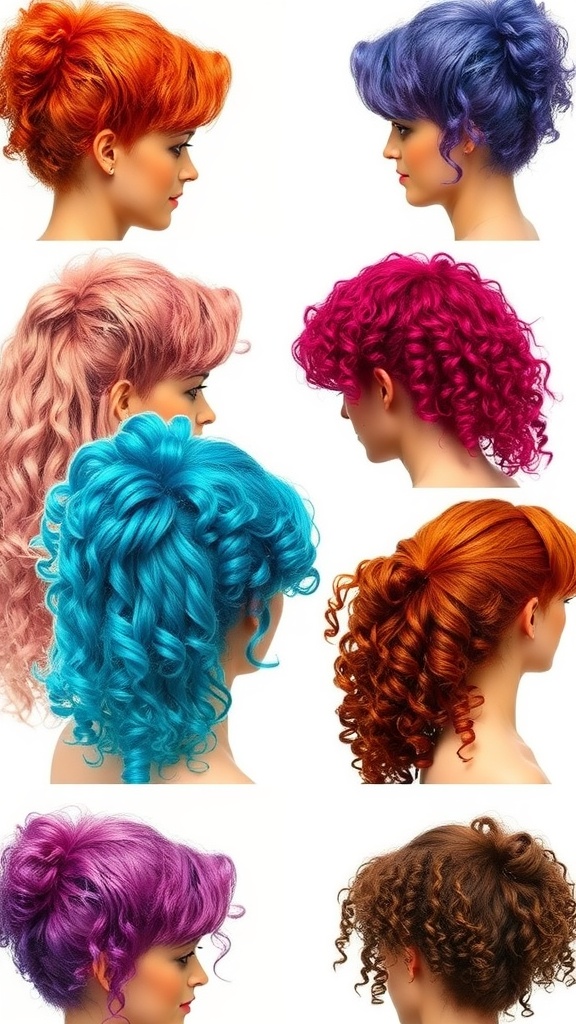 An array of colorful curly mullet hairstyles showcasing different shades like orange, pink, blue, purple, and more.
