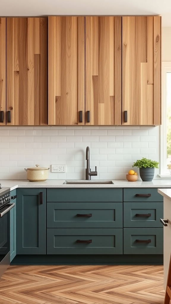 Modern kitchen with light wood cabinets and teal base cabinets.