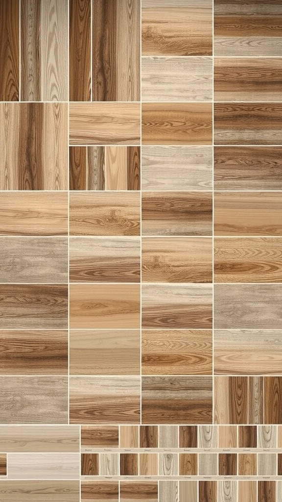 A variety of wood look tiles in different colors and finishes for shower walls.
