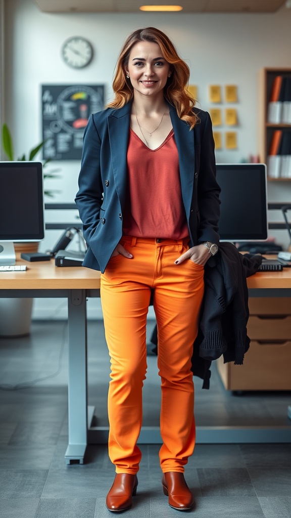 A woman wearing orange jeans and a navy blazer in an office setting.