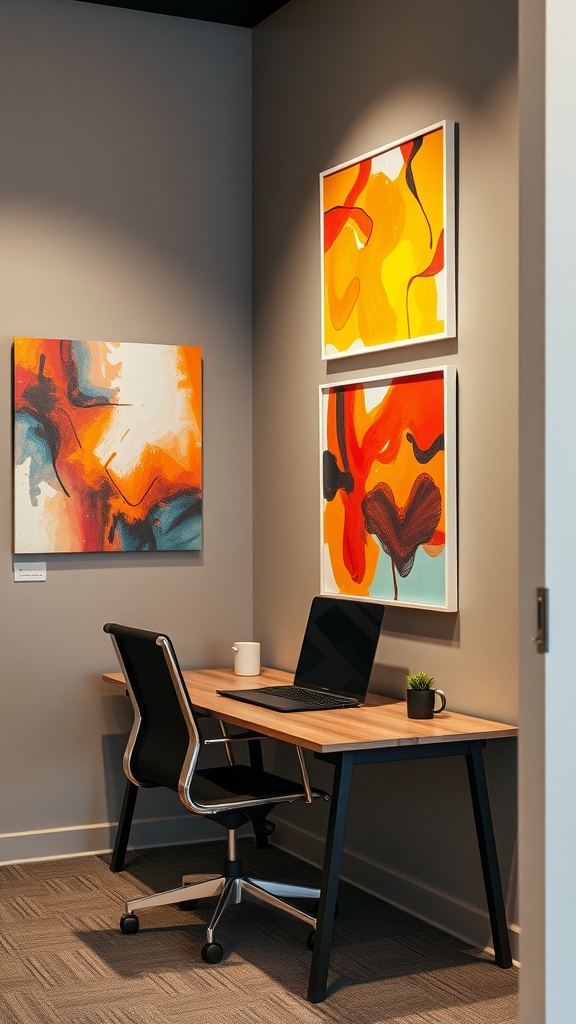 Modern office space featuring colorful abstract art on the wall, a desk with a laptop and a plant.