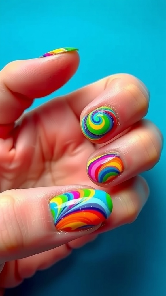 A close-up of colorful abstract swirl nail designs featuring vibrant hues of blue, green, red, and yellow.