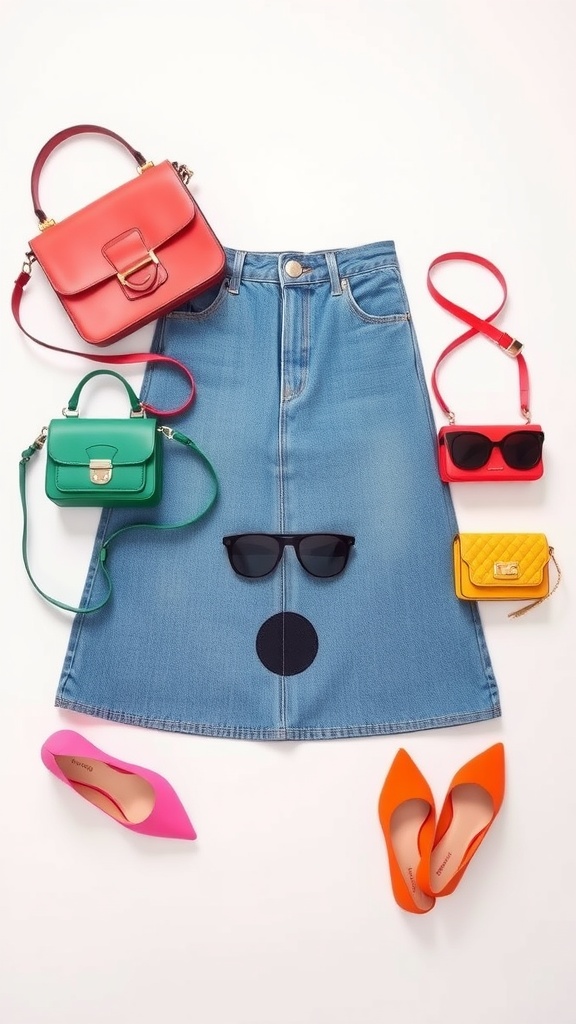 Colorful accessories including handbags and shoes arranged around a jean skirt