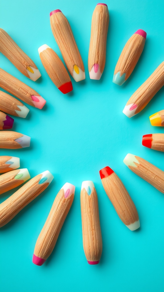 Colorful almond-shaped nails with various tips arranged in a circle on a turquoise background.