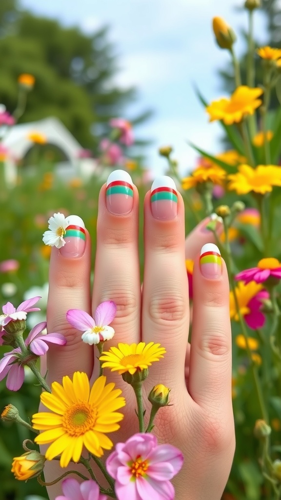 Colorful almond French tips with flower designs in a field of flowers.