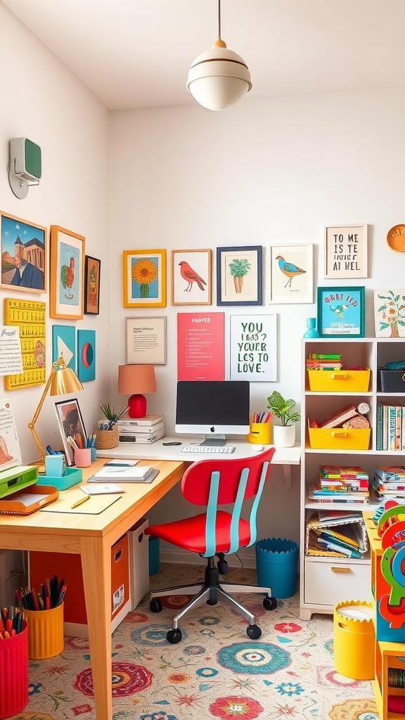 A colorful home office with framed art on the walls, a wooden desk, a bright red chair, and vibrant storage options.