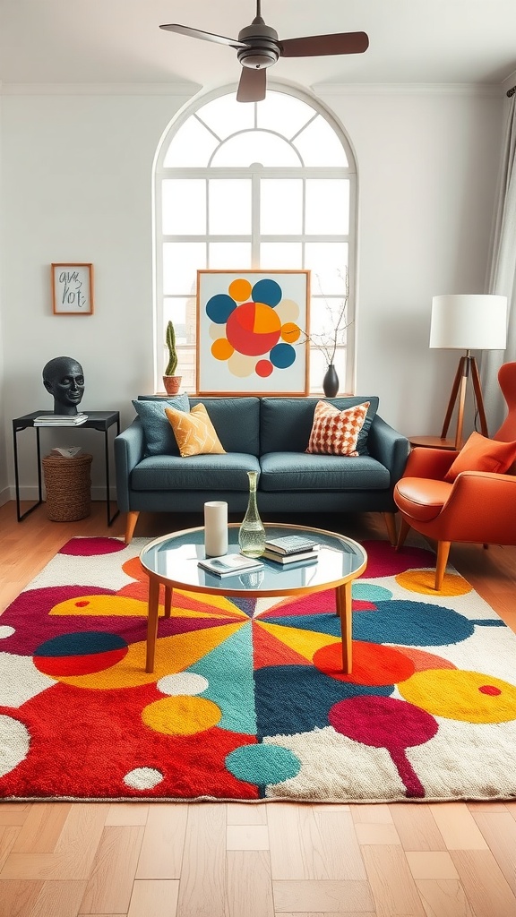 A vibrant living room featuring a colorful area rug with round shapes, a teal couch, and an orange chair.