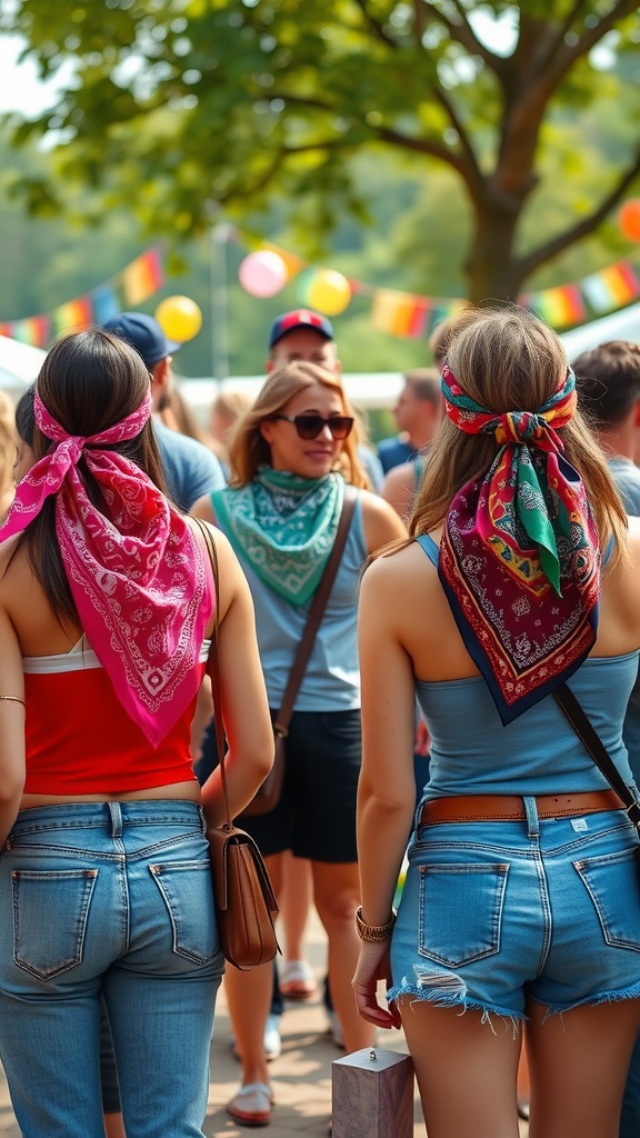Women wearing colorful bandanas in a party setting, showcasing vibrant styles with casual Western outfits.