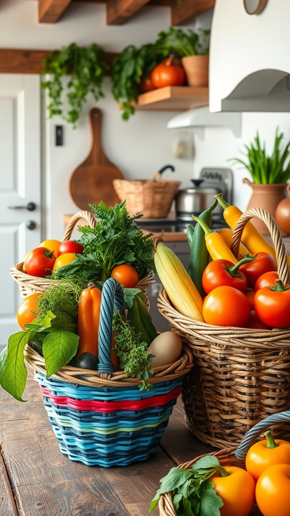 Colorful baskets filled with fresh produce in an Italian farmhouse kitchen.