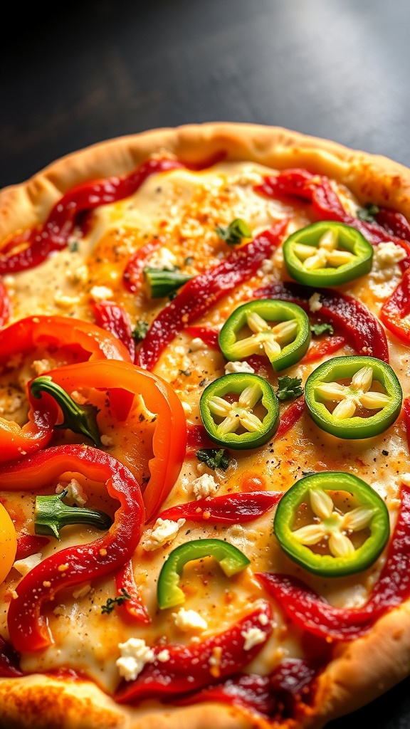 A colorful Mexican pizza topped with bell peppers and jalapeños