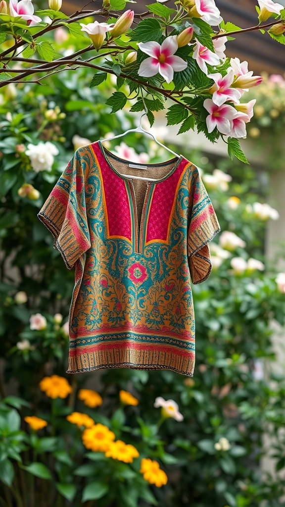 A colorful blouse hanging from a branch, surrounded by flowers and greenery.