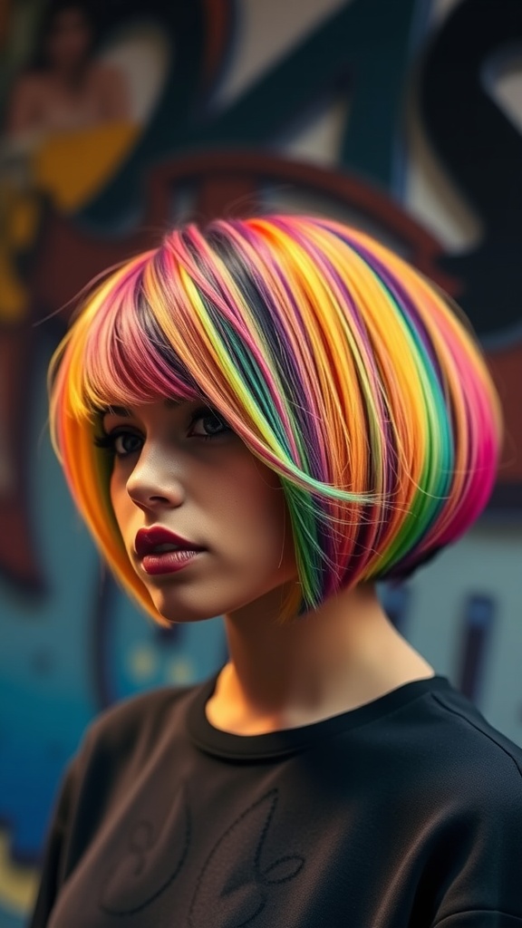 A woman with a colorful bob quick weave featuring bright pink, orange, and green hair.