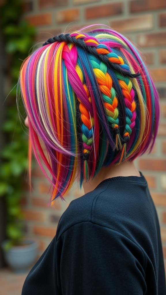 A colorful bob hairstyle featuring vibrant highlights and braided elements.