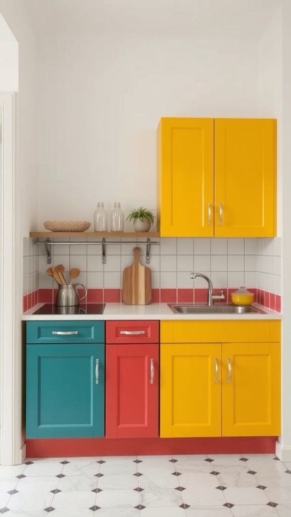A small kitchen with colorful cabinets in yellow, teal, and red, showcasing a lively design.