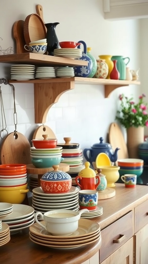 Colorful ceramic dishware collection in a French farmhouse kitchen