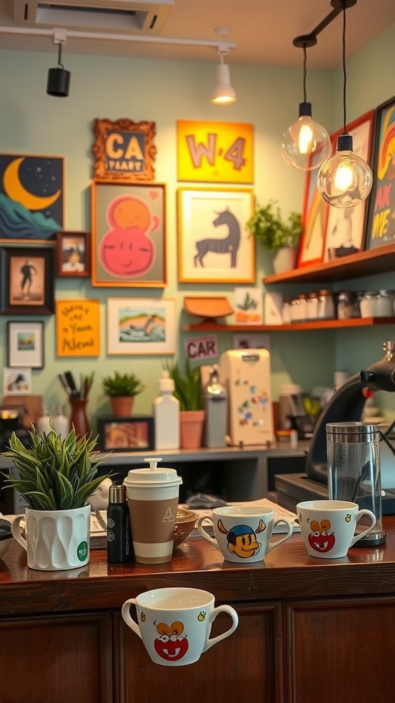 Colorful coffee bar with artistic decor and playful mugs