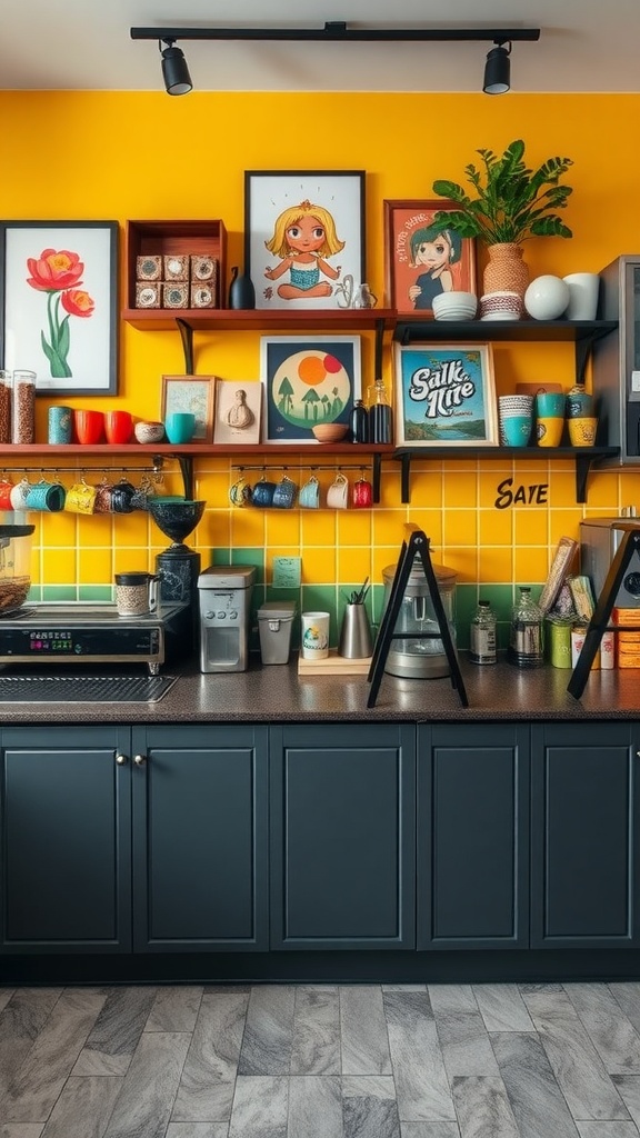 A colorful coffee station featuring a bright yellow wall, dark cabinets, and various vibrant accessories.