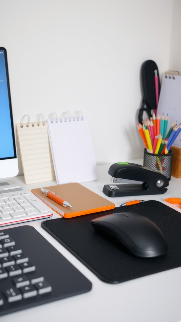 A colorful office desk setup featuring stationery, notepads, and a keyboard