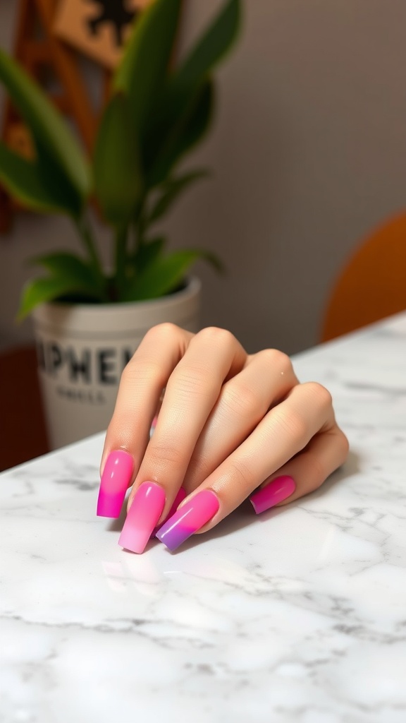 Colorful French ombre nail art featuring pink and purple gradient.
