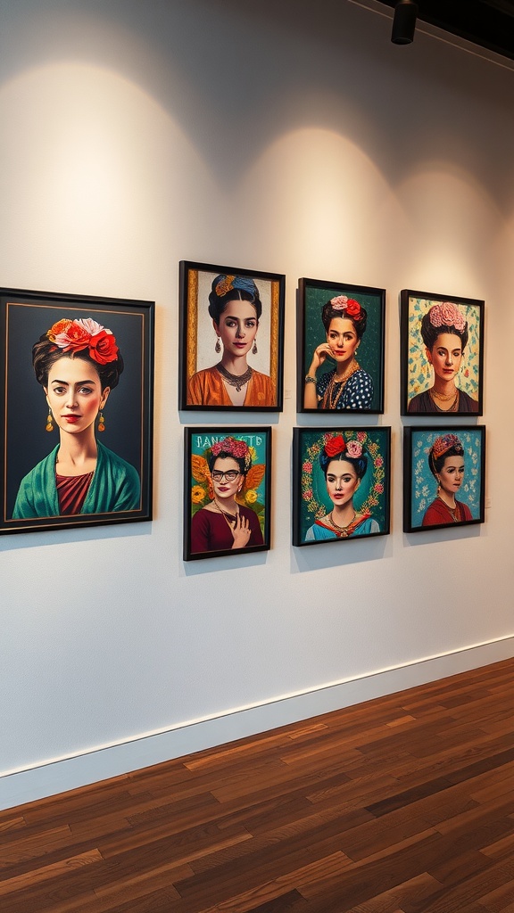 Gallery wall featuring colorful Frida Kahlo inspired art pieces.