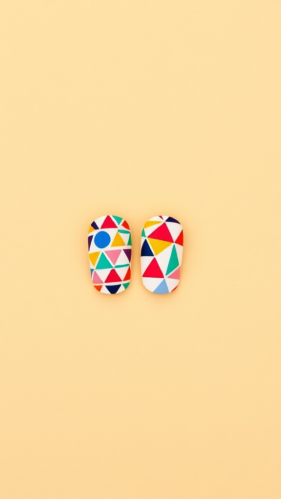 Colorful geometric pattern coffin nails in a playful design.