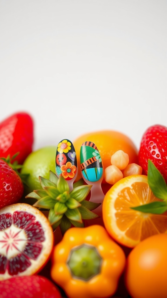 Two almond-shaped nails with colorful geometric designs surrounded by various fruits.