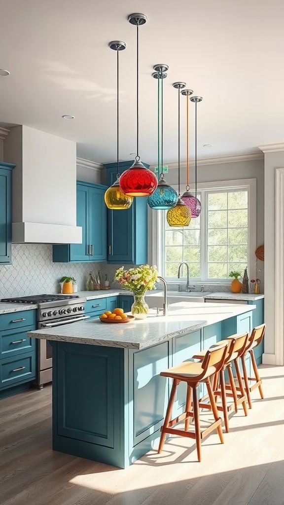 A bright kitchen featuring colorful glass pendant lights above an island with blue cabinetry.