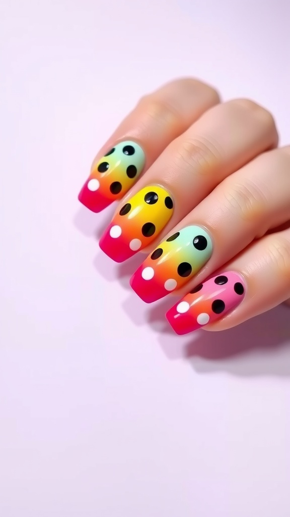 Colorful gradient nails featuring black and white polka dots