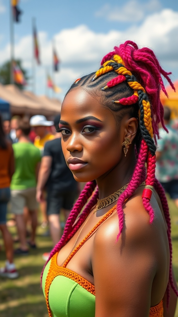 Model with colorful half up half down quick weave hairstyle featuring pink, yellow, and black braids.