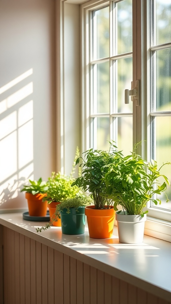 Colorful herb pots on a window sill in a farmhouse kitchen