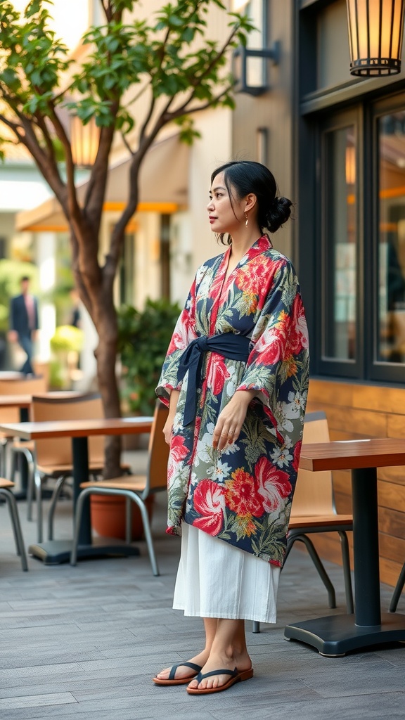 A woman in a colorful floral kimono with wide white pants, standing outside.