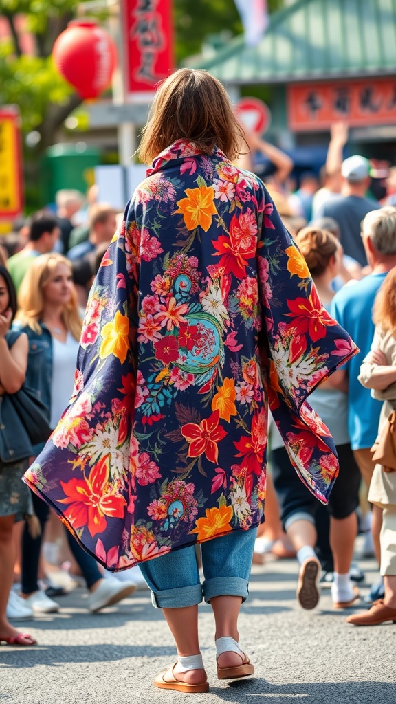 A woman wearing a colorful floral kimono over casual jeans, standing in a crowd at a festival.