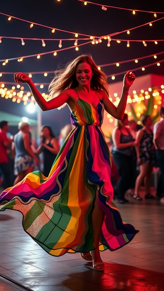 A woman dancing in a colorful maxi dress with vibrant stripes, surrounded by string lights.