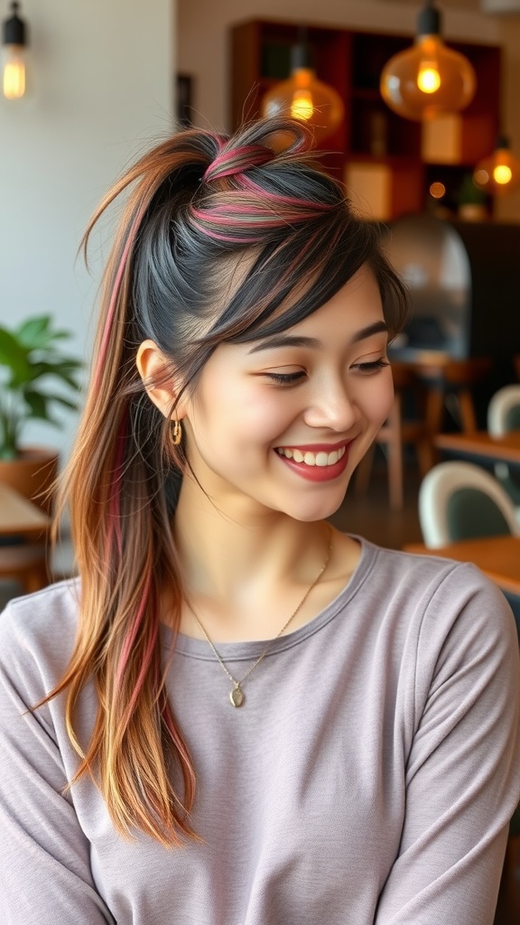 A woman with a colorful mid ponytail featuring highlights, smiling in a cozy coffee shop.