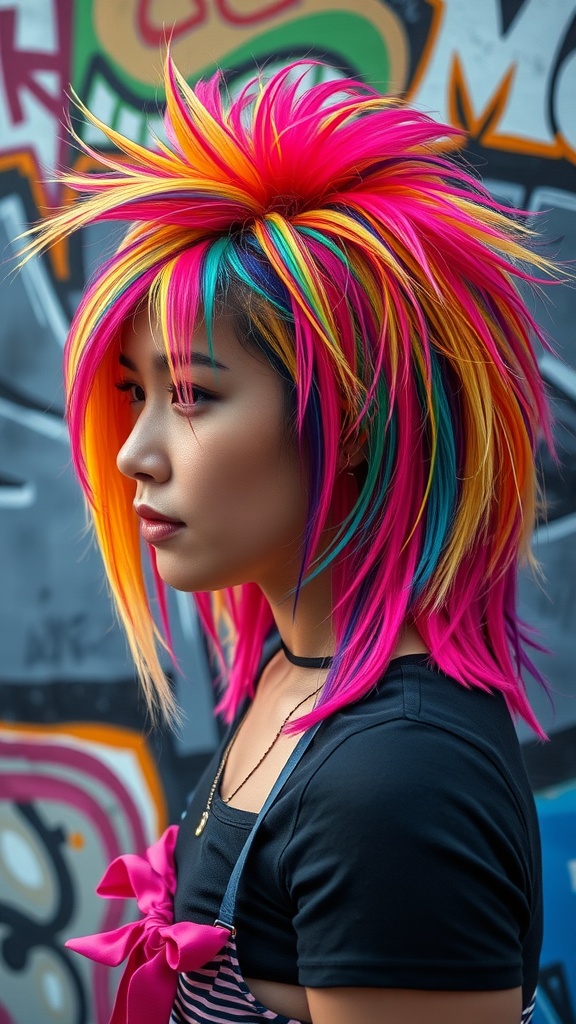 A woman with a colorful mullet hairstyle featuring neon pink, orange, and blue highlights, standing against a graffiti background.