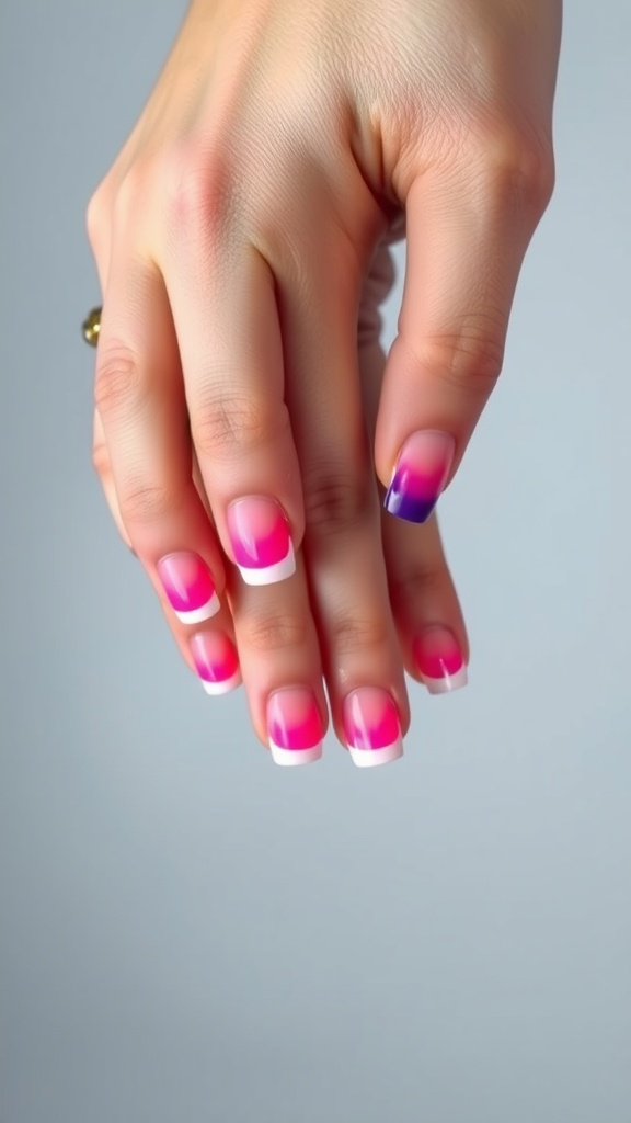 Colorful ombre French tip nails in pink and purple