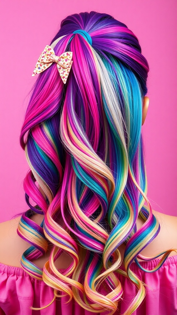 A vibrant ombre ponytail with pink, blue, and purple shades styled with curls and a bow accessory.