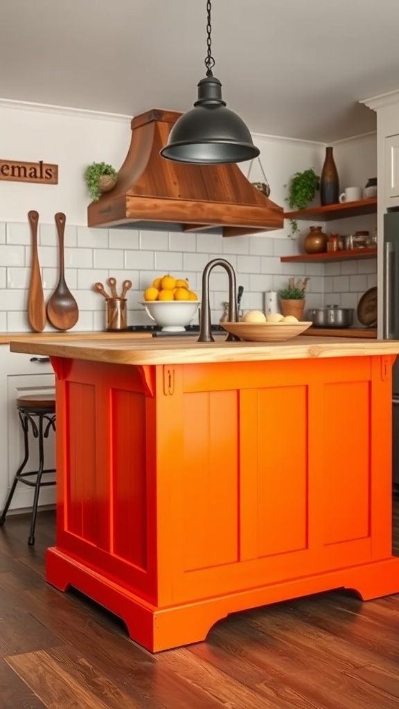 A bright orange kitchen island with a wooden countertop, surrounded by kitchen accessories and a cozy farmhouse design.