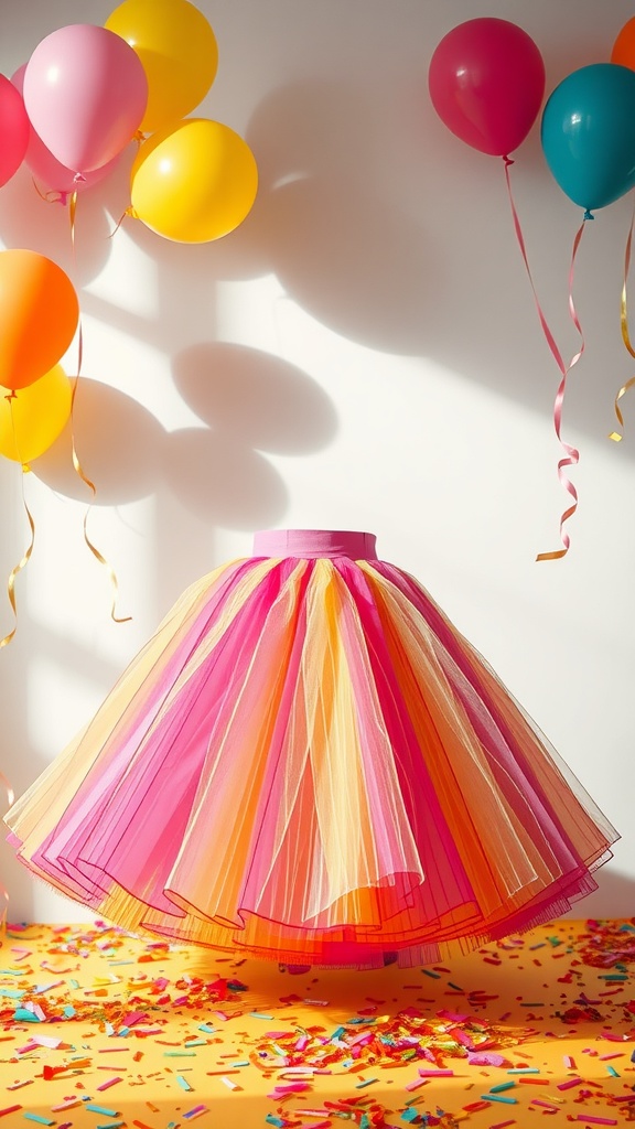 A colorful party skirt in pink, orange, and yellow, surrounded by balloons and confetti, perfect for a 21st birthday celebration.