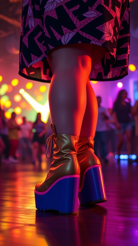 Image of colorful platform boots in a rave setting, showcasing gold and blue colors