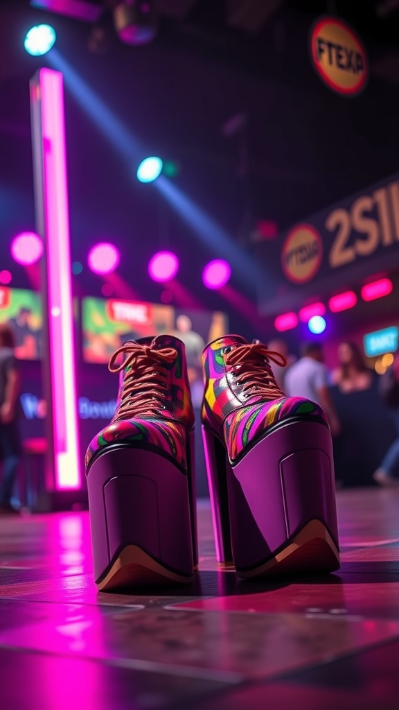 A pair of colorful platform shoes on a dance floor with vibrant lighting
