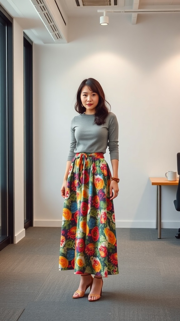 A woman wearing a colorful printed skirt with a neutral grey top, standing in an office setting.