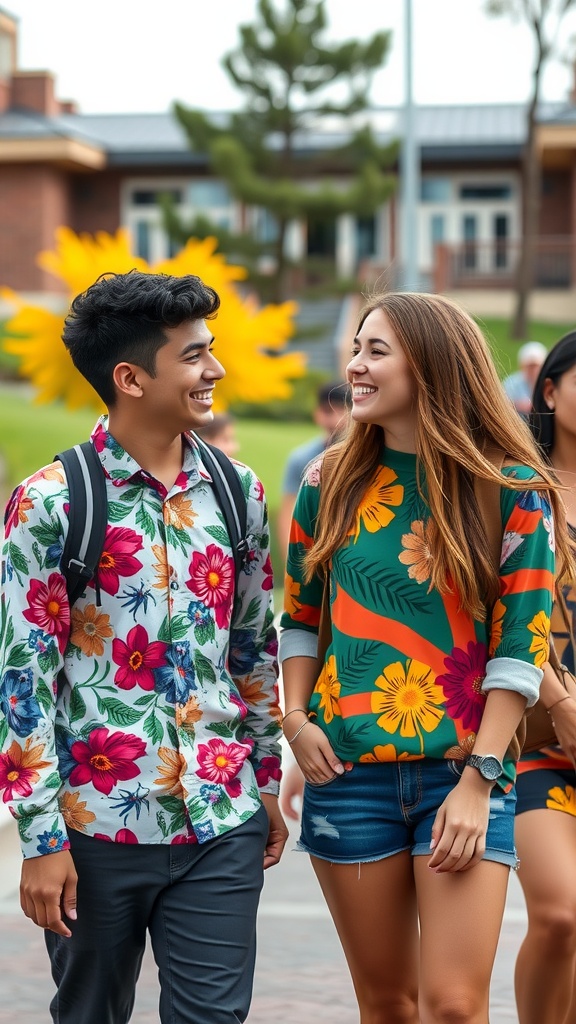 Two college students smiling and wearing colorful floral outfits while walking on campus.