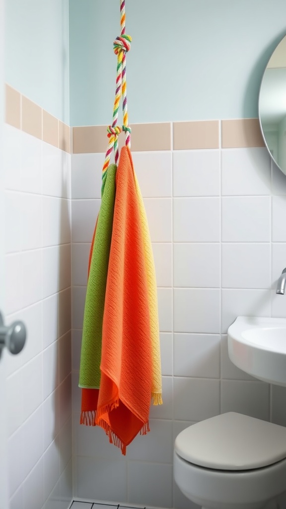 Colorful rope towel hanger with orange and green towels hanging in a bathroom setting