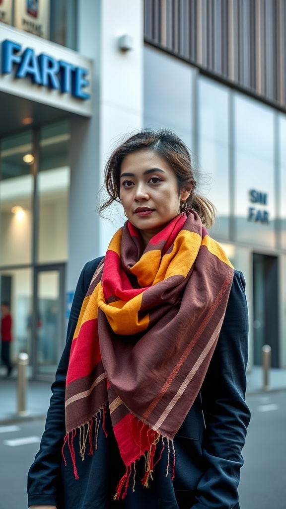 A woman wearing a colorful scarf with warm tones, standing outdoors near a building.
