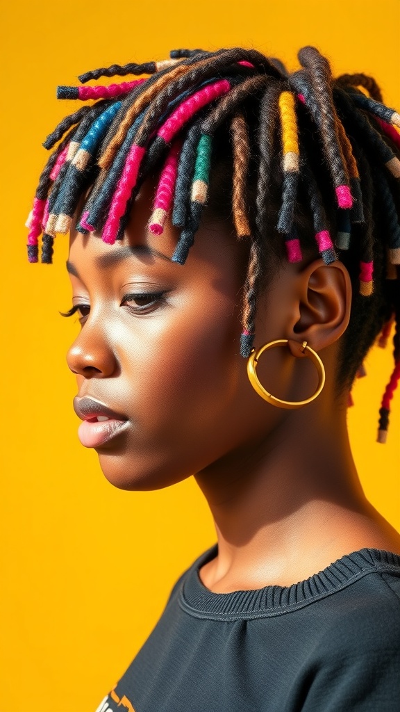 A person with colorful short locs styled with various bright colors, against a yellow background.