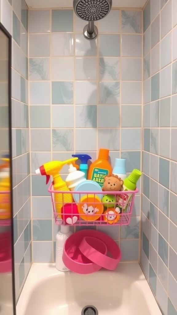 Colorful shower caddy filled with bath products and toys