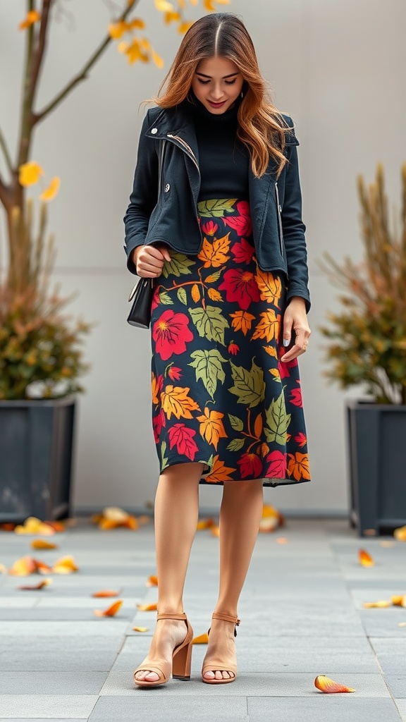 A woman wearing a colorful autumn leaf printed skirt with a black top and jacket, standing outdoors with fallen leaves around her.