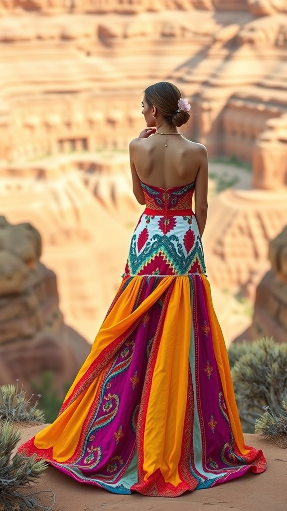 A woman in a colorful Southwestern-inspired wedding dress standing on a rocky ledge with a scenic background.